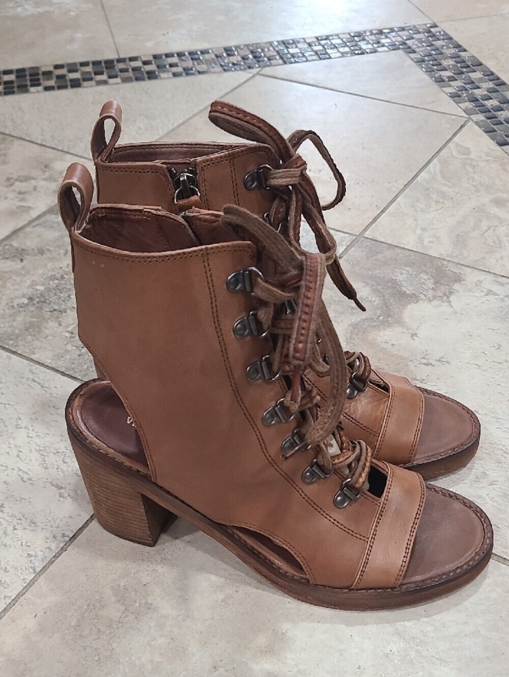 Women’s Tan Lace-Up Open-Toe Ankle Boots